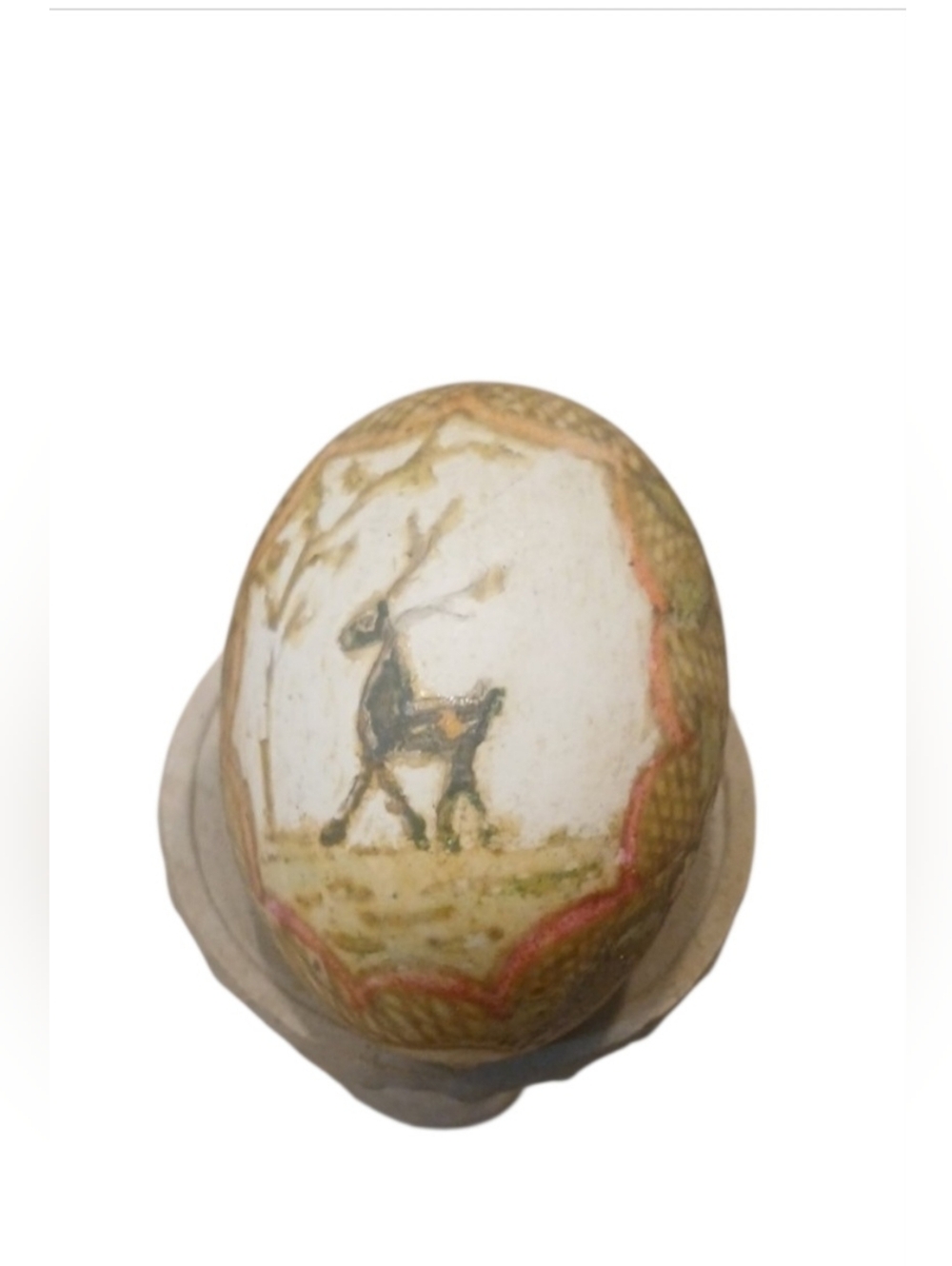 Hand Crafted Ivory and Gold Decorative Egg with Deer Motif